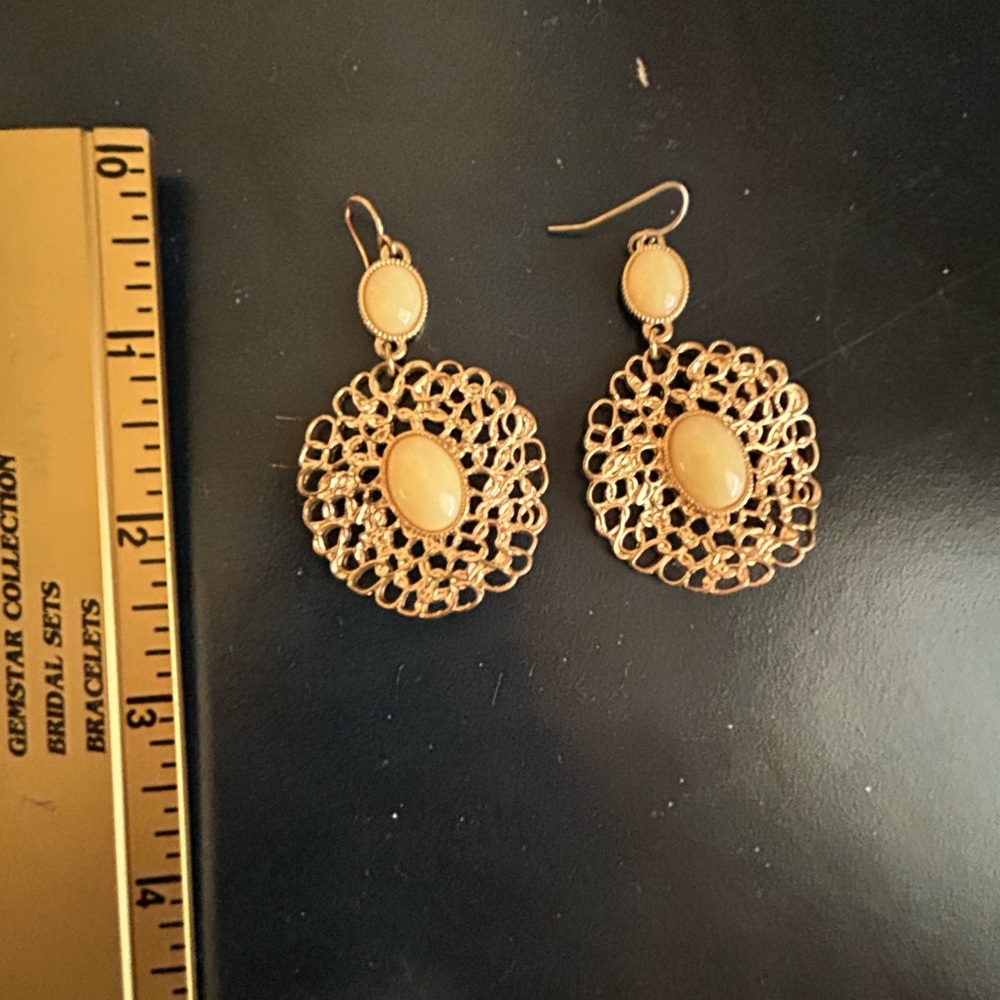 Gold and pale gold stone filigree earrings